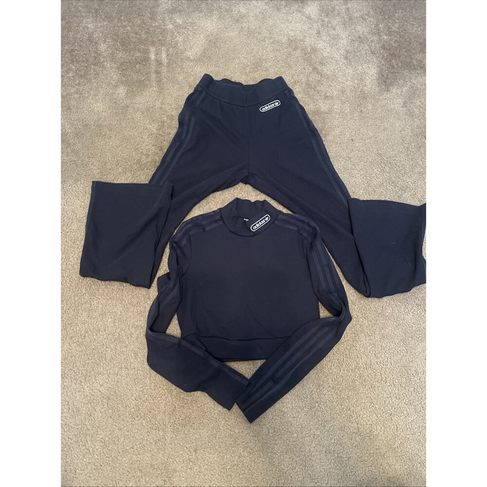 Adidas Y2k Womens Navy Blue Flare Wide Leg Yoga Pants Womens Sz S / Crop Top